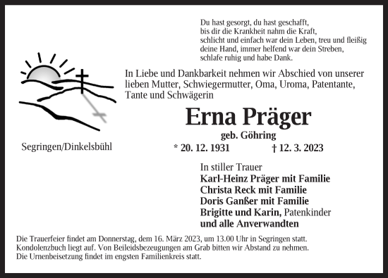 Traueranzeige von Erna Präger von Dinkelsbühl/ Feuchtwangen