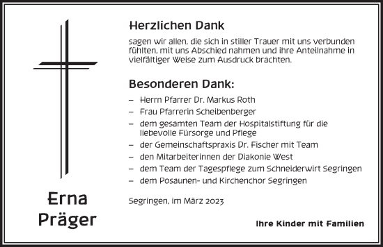 Traueranzeige von Erna Präger von Dinkelsbühl/ Feuchtwangen