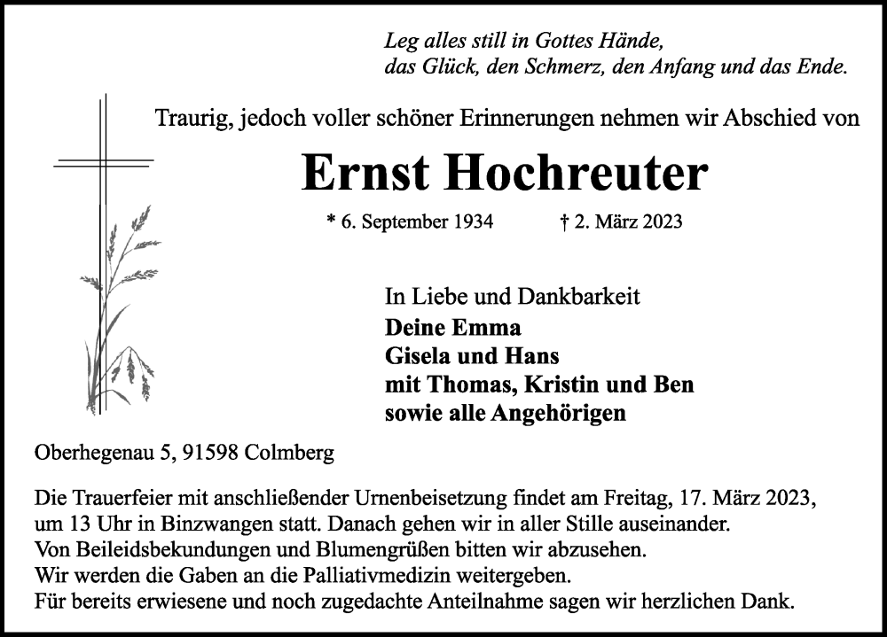  Traueranzeige für Ernst Hochreuter vom 11.03.2023 aus Ansbach