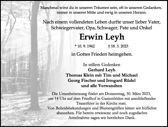 Traueranzeige von Erwin Leyh von Rothenburg