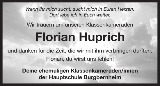 Traueranzeige von Florian Huprich von Neustadt/ Scheinfeld/ Uffenheim