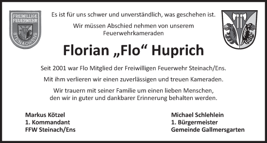 Traueranzeige von Florian Huprich von Neustadt/ Scheinfeld/ Uffenheim