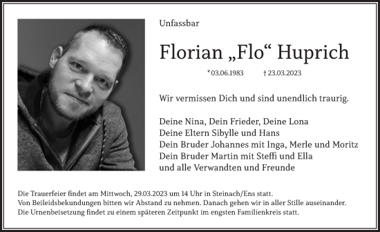 Traueranzeige von Florian Huprich von Neustadt/ Scheinfeld/ Uffenheim