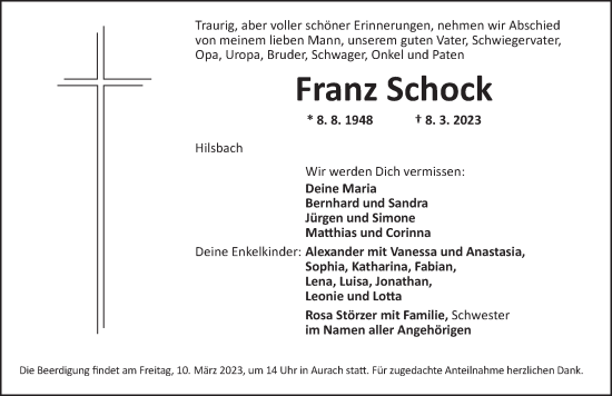 Traueranzeige von Franz Schock von Ansbach