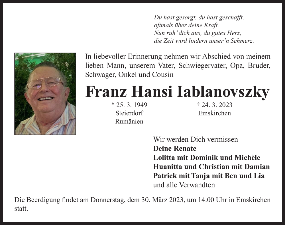  Traueranzeige für Franz Hansi Iablanovszky vom 28.03.2023 aus Neustadt/ Scheinfeld/ Uffenheim