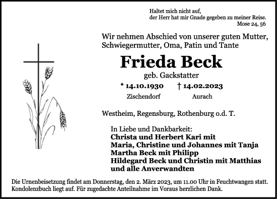 Traueranzeige von Frieda Beck von GE