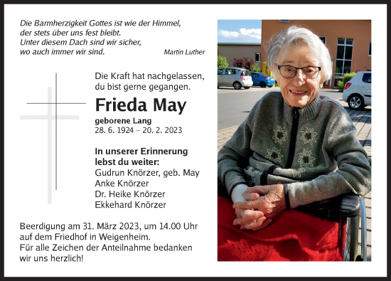 Traueranzeige von Frieda May von Neustadt/ Scheinfeld/ Uffenheim