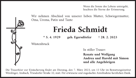 Traueranzeige von Frieda Schmidt von Ansbach