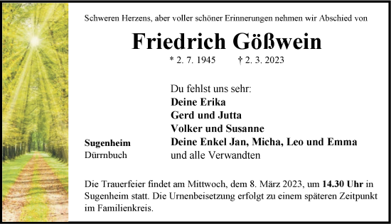 Traueranzeige von Friedrich Gößwein von Neustadt/ Scheinfeld/ Uffenheim