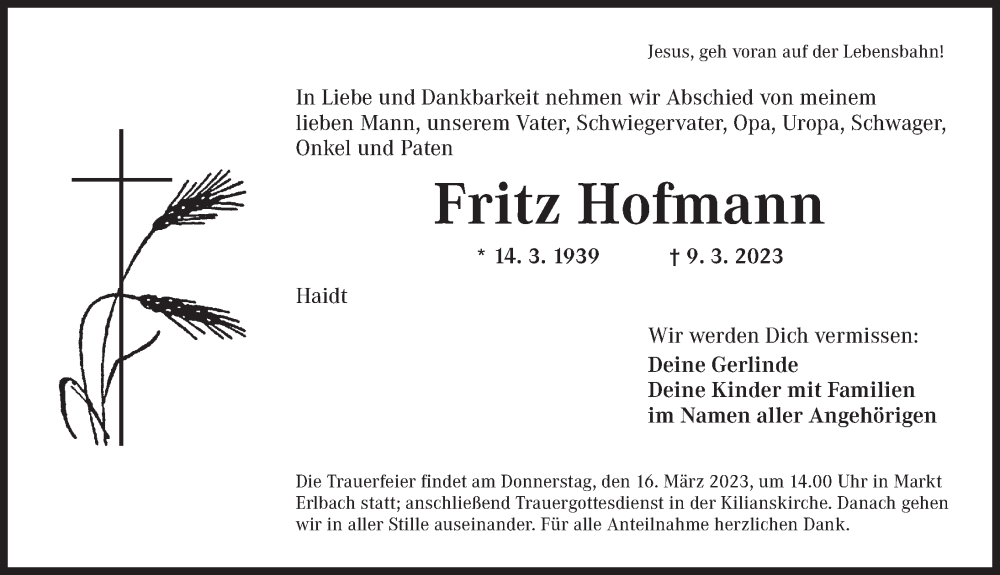  Traueranzeige für Fritz Hofmann vom 13.03.2023 aus Neustadt/ Scheinfeld/ Uffenheim