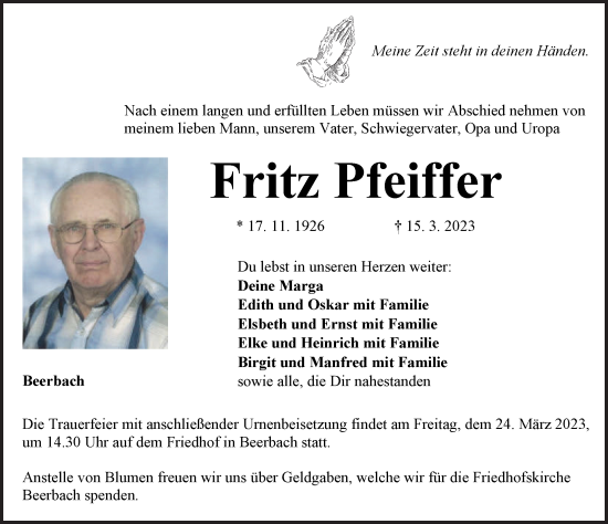 Traueranzeige von Fritz Pfeiffer von Neustadt/ Scheinfeld/ Uffenheim