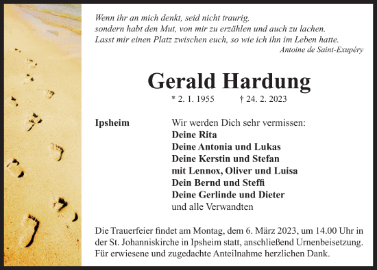 Traueranzeige von Gerald Hardung von Neustadt/ Scheinfeld/ Uffenheim