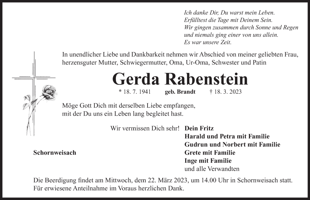  Traueranzeige für Gerda Rabenstein vom 21.03.2023 aus Neustadt/ Scheinfeld/ Uffenheim