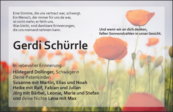 Traueranzeige von Gerdi Schürrle von Dinkelsbühl/ Feuchtwangen