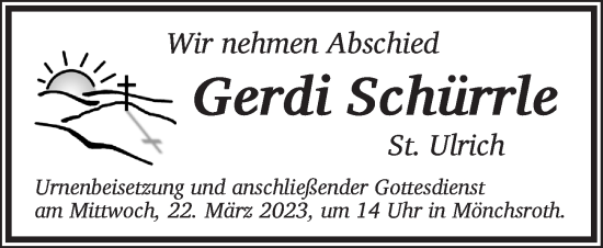 Traueranzeige von Gerdi Schürrle von Dinkelsbühl/ Feuchtwangen
