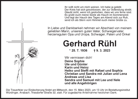 Traueranzeige von Gerhard Rühl von Ansbach