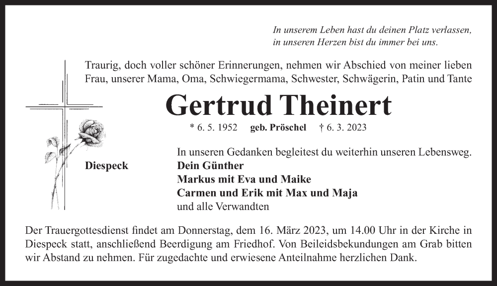  Traueranzeige für Gertrud Theinert vom 11.03.2023 aus Neustadt/ Scheinfeld/ Uffenheim