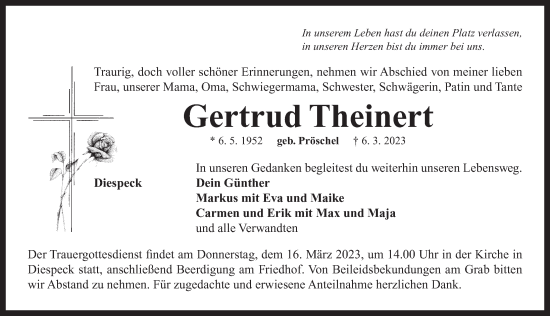 Traueranzeige von Gertrud Theinert von Neustadt/ Scheinfeld/ Uffenheim