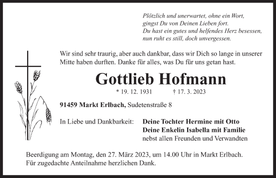 Traueranzeige von Gottlieb Hofmann von Neustadt/ Scheinfeld/ Uffenheim