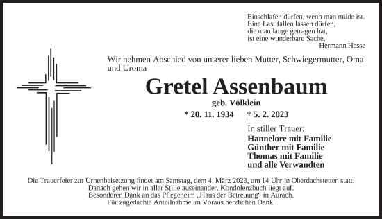 Traueranzeige von Gretel Assenbaum von Ansbach