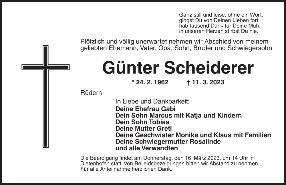  Traueranzeige für Günter Scheiderer vom 15.03.2023 aus Ansbach