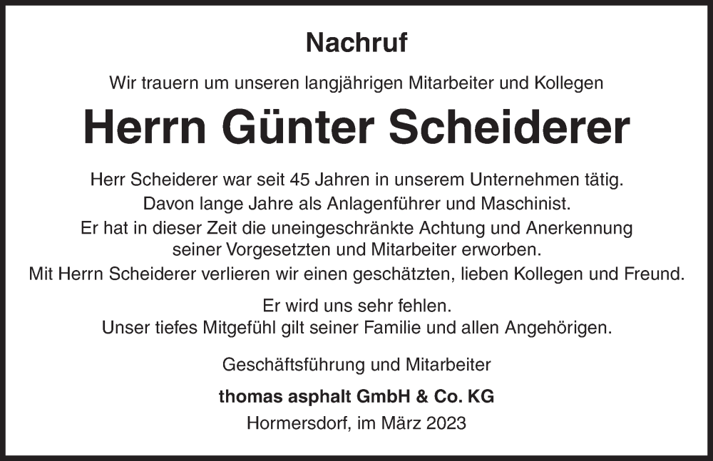  Traueranzeige für Günter Scheiderer vom 16.03.2023 aus Ansbach