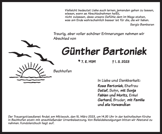 Traueranzeige von Günther Bartoniek von Dinkelsbühl/ Feuchtwangen