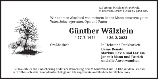 Traueranzeige von Günther Wälzlein von Ansbach