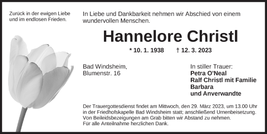 Traueranzeige von Hannelore Christl von Neustadt/ Scheinfeld/ Uffenheim