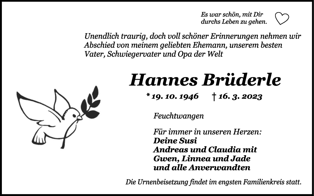  Traueranzeige für Hannes Brüderle vom 18.03.2023 aus Dinkelsbühl/ Feuchtwangen