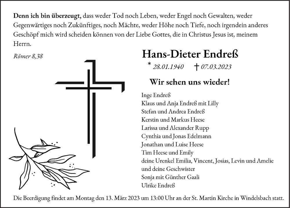  Traueranzeige für Hans-Dieter Endreß vom 10.03.2023 aus Rothenburg