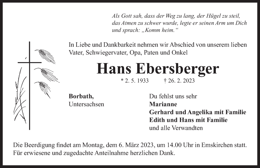  Traueranzeige für Hans Ebersberger vom 03.03.2023 aus Neustadt/ Scheinfeld/ Uffenheim