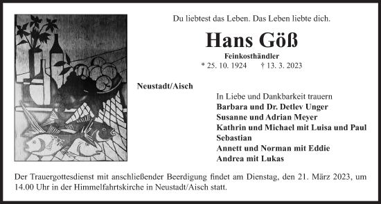 Traueranzeige von Hans Göß von Neustadt/ Scheinfeld/ Uffenheim