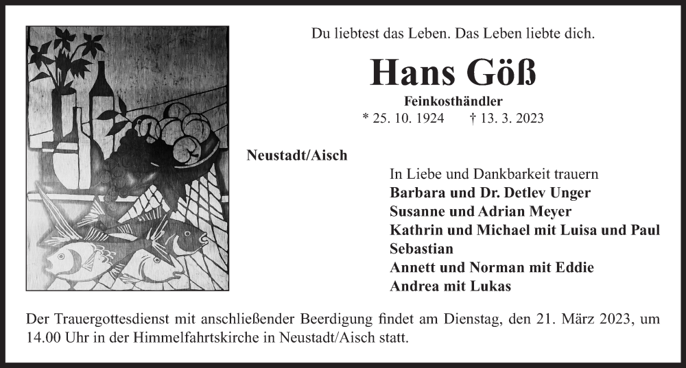  Traueranzeige für Hans Göß vom 18.03.2023 aus Neustadt/ Scheinfeld/ Uffenheim