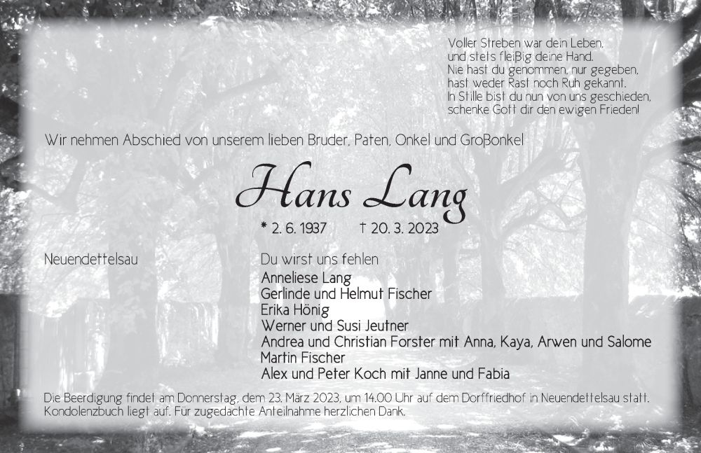  Traueranzeige für Hans Lang vom 22.03.2023 aus Ansbach