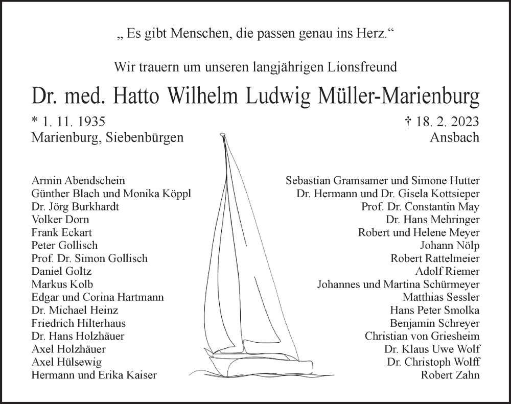  Traueranzeige für Hatto Wilhelm Ludwig Müller-Marienburg vom 04.03.2023 aus Ansbach