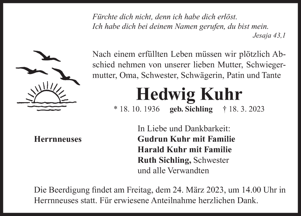  Traueranzeige für Hedwig Kuhr vom 21.03.2023 aus Neustadt/ Scheinfeld/ Uffenheim