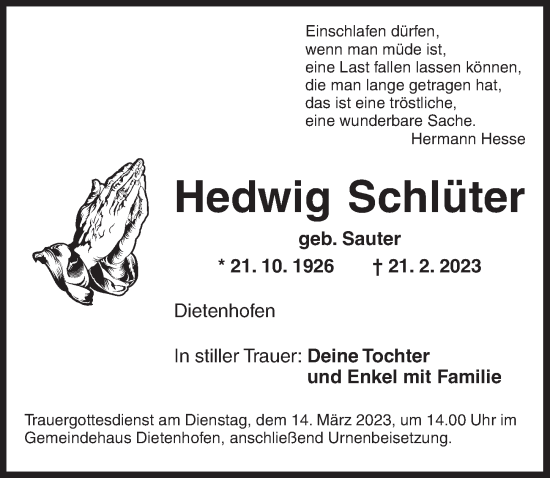 Traueranzeige von Hedwig Schlüter von Ansbach