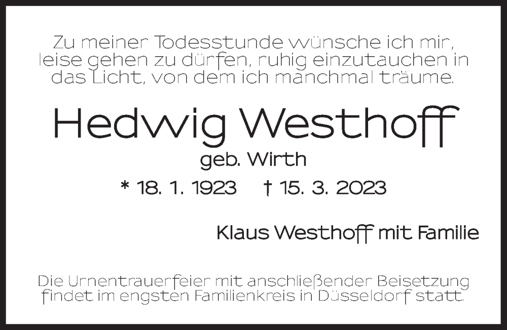  Traueranzeige für Hedwig Westhoff vom 18.03.2023 aus Dinkelsbühl/ Feuchtwangen
