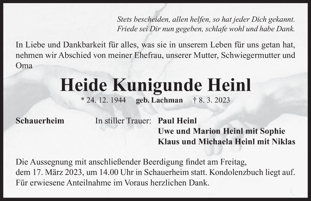  Traueranzeige für Heide Kunigunde Heinl vom 15.03.2023 aus Neustadt/ Scheinfeld/ Uffenheim