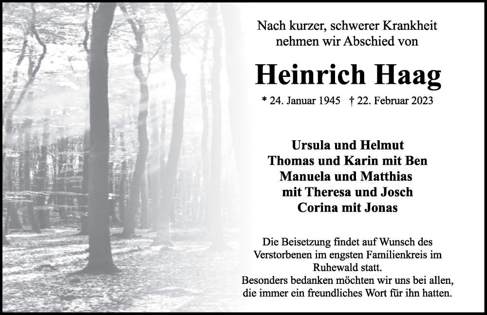  Traueranzeige für Heinrich Haag vom 03.03.2023 aus Rothenburg