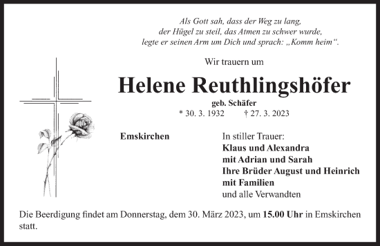 Traueranzeige von Helene Reuthlingshöfer von Neustadt/ Scheinfeld/ Uffenheim