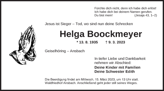 Traueranzeige von Helga Boockmeyer von Ansbach