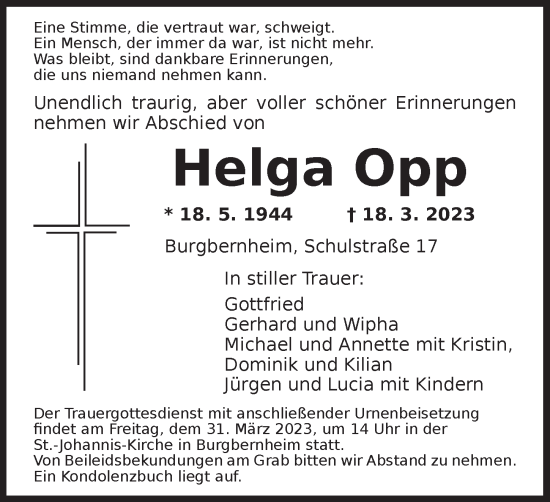 Traueranzeige von Helga Opp von GE