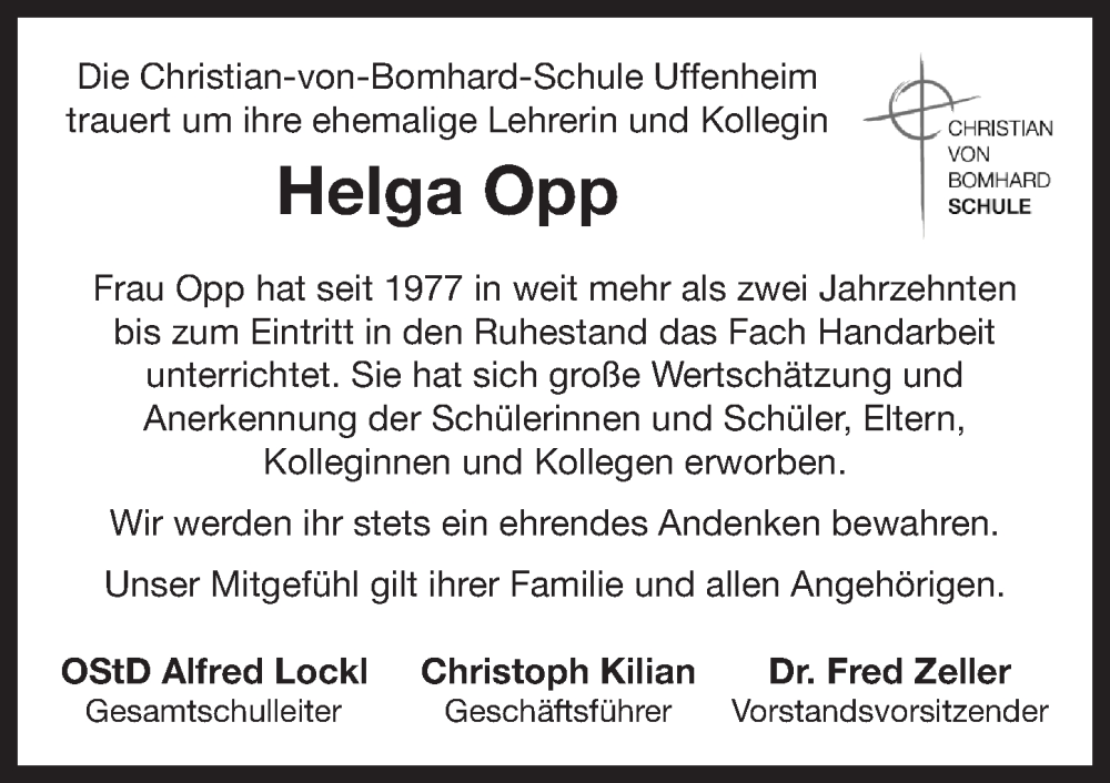  Traueranzeige für Helga Opp vom 23.03.2023 aus Neustadt/ Scheinfeld/ Uffenheim