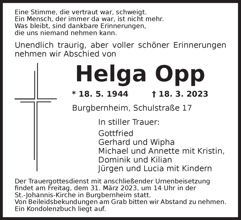  Traueranzeige für Helga Opp vom 23.03.2023 aus GE