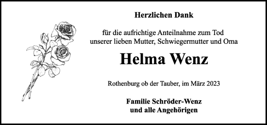 Traueranzeige von Helma Wenz von Rothenburg