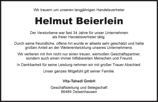 Traueranzeige von Helmut Beierlein von Dinkelsbühl/ Feuchtwangen