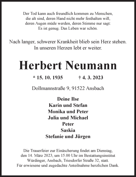 Traueranzeige von Herbert Neumann von Ansbach
