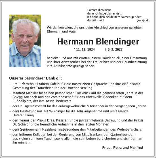 Traueranzeige von Hermann Blendinger von Ansbach